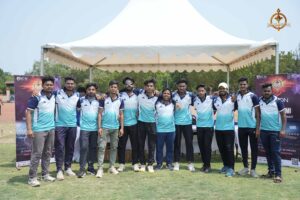 Group photo of cricket teams from various colleges posing together at Brahmastra 2025 during the Ranbhoomi intercollege tournament.