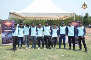 Intercollege cricket teams posing together at Brahmastra 2025 Ranbhoomi tournament in full jerseys at Railway Sports Complex.