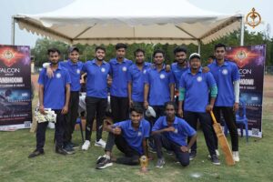Group photo of participating cricket teams at Ranbhoomi, Brahmastra 2025, wearing jerseys and posing together.