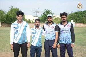 Intercollege cricket players from another college posing during Brahmastra 2025 Ranbhoomi tournament at Railway Sports Complex