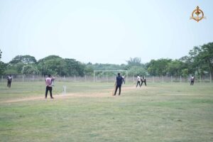 Players in action during an intercollege cricket match at Ranbhoomi, part of Brahmastra 2025 at RCM.