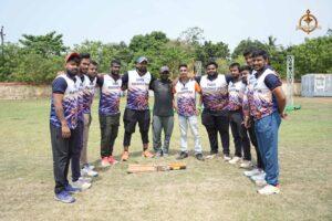 Group of intercollege cricket players posing together during Brahmastra 2025 Ranbhoomi tournament.
