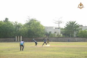 College cricket teams in action during a high-energy match at Ranbhoomi, part of Brahmastra 2025 intercollege fest.