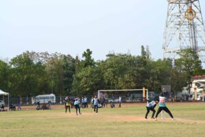 cricket teams in action during a high-energy match at Ranbhoomi, part of Brahmastra 2025.