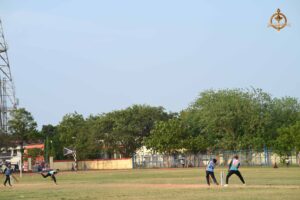 Cricket teams in action during a match at Ranbhoomi, Brahmastra 2025 intercollege tournament.