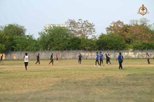 College cricket players in action during a Ranbhoomi 2025 match at Brahmastra fest.