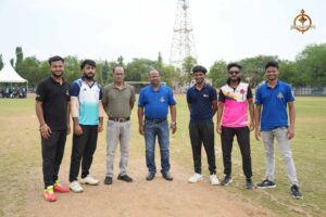 Team captains from various colleges at Brahmastra 2025 Ranbhoomi cricket event, posing before the tournament.