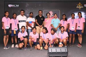 "Throwball team group photo with organizers at Brahmastra 2025 award ceremony