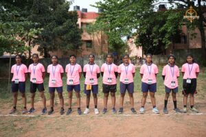 Group photo of girl participants on the field during Brahmastra 2025 Kurukshetra Throw Ball even