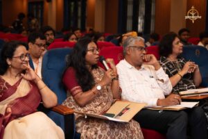Judges evaluating a team’s pitch during the Navya Sopna entrepreneurial event at Brahmastra 2025.