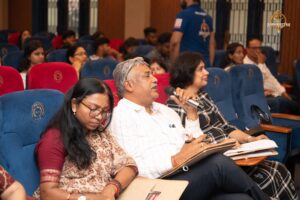 Judges interacting with a participant during the Q&A round at Navya Sopna 2025 entrepreneurial event.