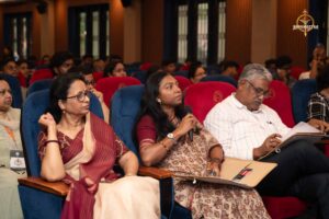 Judges engaging with a participant during the Q&A session at Navya Sopna, Brahmastra 2025.