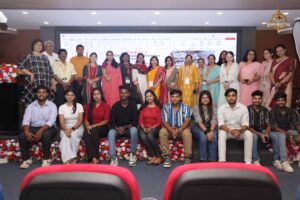 Judges, faculty, and student teams gathered during the Navya Sopna entrepreneurial showcase at Brahmastra 2025.