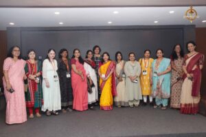 Group photo of women entrepreneurs showcasing startups at Navya Sopna, part of college festival Brahmastra 2025.