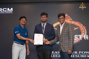 Judges and faculty members distribute certificates to student participants during Navya Sopna at Brahmastra 2025 college festival.