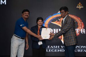 Judges and faculty present certificates to student participants during Navya Sopna at College Festival Brahmastra 2025.