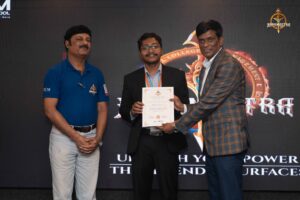 Judges and faculty presenting certificates to Navya Sopna participants during Brahmastra 2025 college festival event.