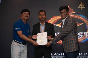 Students receive certificates from judges and faculty during Brahmastra 2025 college festival’s Navya Sopna event.