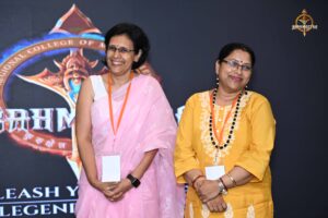 Women entrepreneurs presenting innovative ideas during Navya Sopna at college festival Brahmastra 2025, RCM campus.