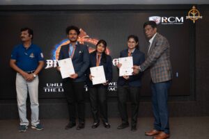 Judges presenting certificates to student participants during Navya Sopna at college festival Brahmastra 2025.