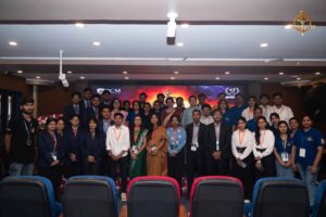 Group photo of student participants, faculty, judges, guests, and women entrepreneurs at Brahmastra 2025 college festival.