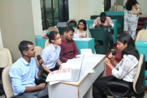 Students actively participating in simulated recruitment tasks during the Recruitment Expo at Brahmastra 2025.