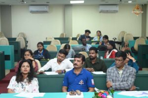 Judges and faculty evaluating student teams during the Recruitment Expo at Brahmastra 2025.