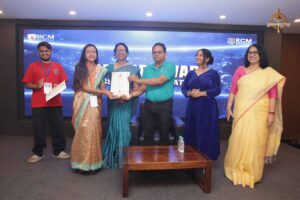 Faculty and judge with Samvad Vivaad winners holding certificates at Brahmastra college festival event