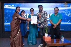 Faculty and judges distributing certificates to Samvad Vivaad participants at Brahmastra, India's best college festival, RCM.
