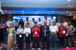 Group photo at top college festival Brahmastra during Samvad Vivaad event, featuring students, judges, and participants.