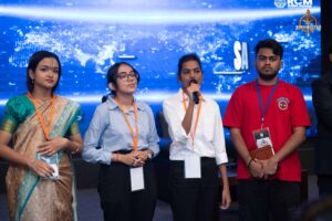 Students portraying public figures on stage during Samvad Vivaad at Brahmastra, top college festival in India.