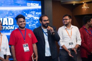 College festival participants on stage during Samvad Vivaad at Brahmastra, India’s top management college event platform