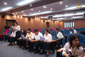 Student Reporter asks questions during Samvad Vivaad at Brahmastra, a top management college festival in India.