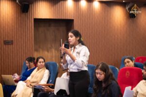 Samvad Vivaad event at Brahmastra college festival featuring student reporters and public figure role-play.