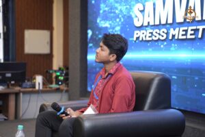 Student public figure answers questions on stage at Brahmastra, a top college festival in India.