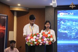 Student anchors address the audience during Samvad Vivaad at Brahmastra, a top college festival in India.