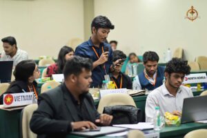 MUN participants at Brahmastra college festival addressing judges on global policy and diplomacy issues.