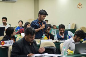 Participants address judges during Vishwa Tark Vitark at Brahmastra, India’s best college festival at a top management college.