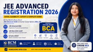 JEE Advanced Registration 2026 featured image with student promoting RCM Bhubaneswar 4-year BCA program as best alternative after JEE exam.