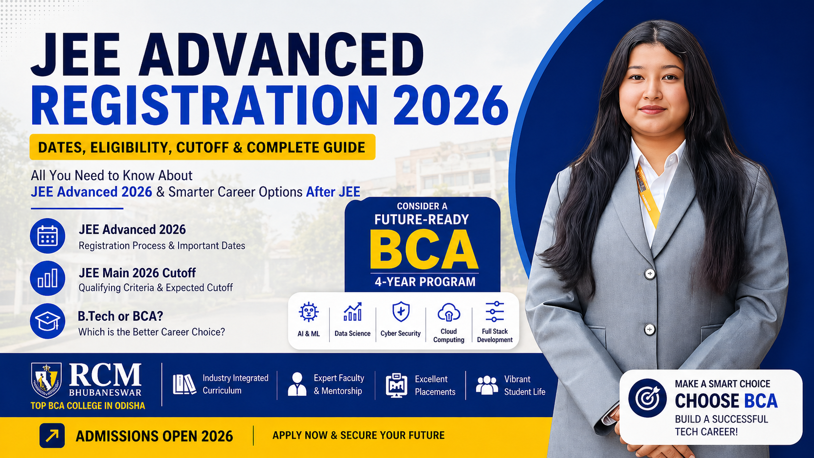 JEE Advanced Registration 2026 featured image with student promoting RCM Bhubaneswar 4-year BCA program as best alternative after JEE exam.