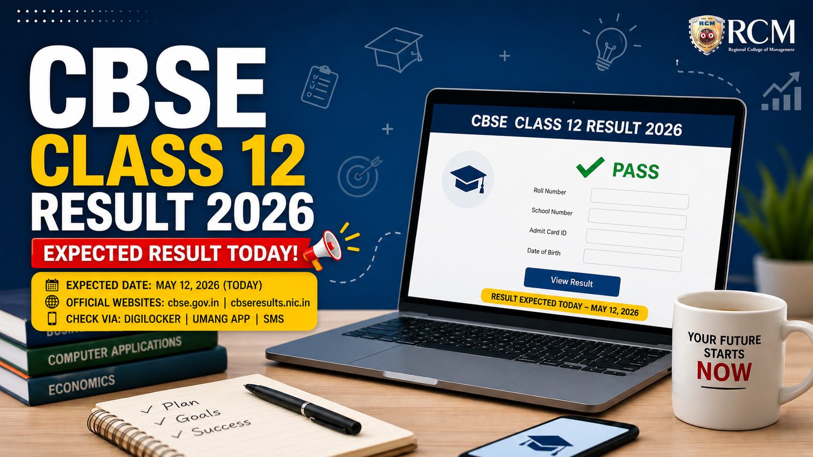 CBSE Class 12 Result 2026 expected today banner with laptop showing online result portal, DigiLocker updates, and official result links.