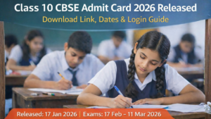 Class 10 CBSE Admit Card 2026 banner showing students writing board exam in classroom