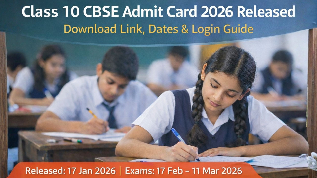 Class 10 CBSE Admit Card 2026 banner showing students writing board exam in classroom