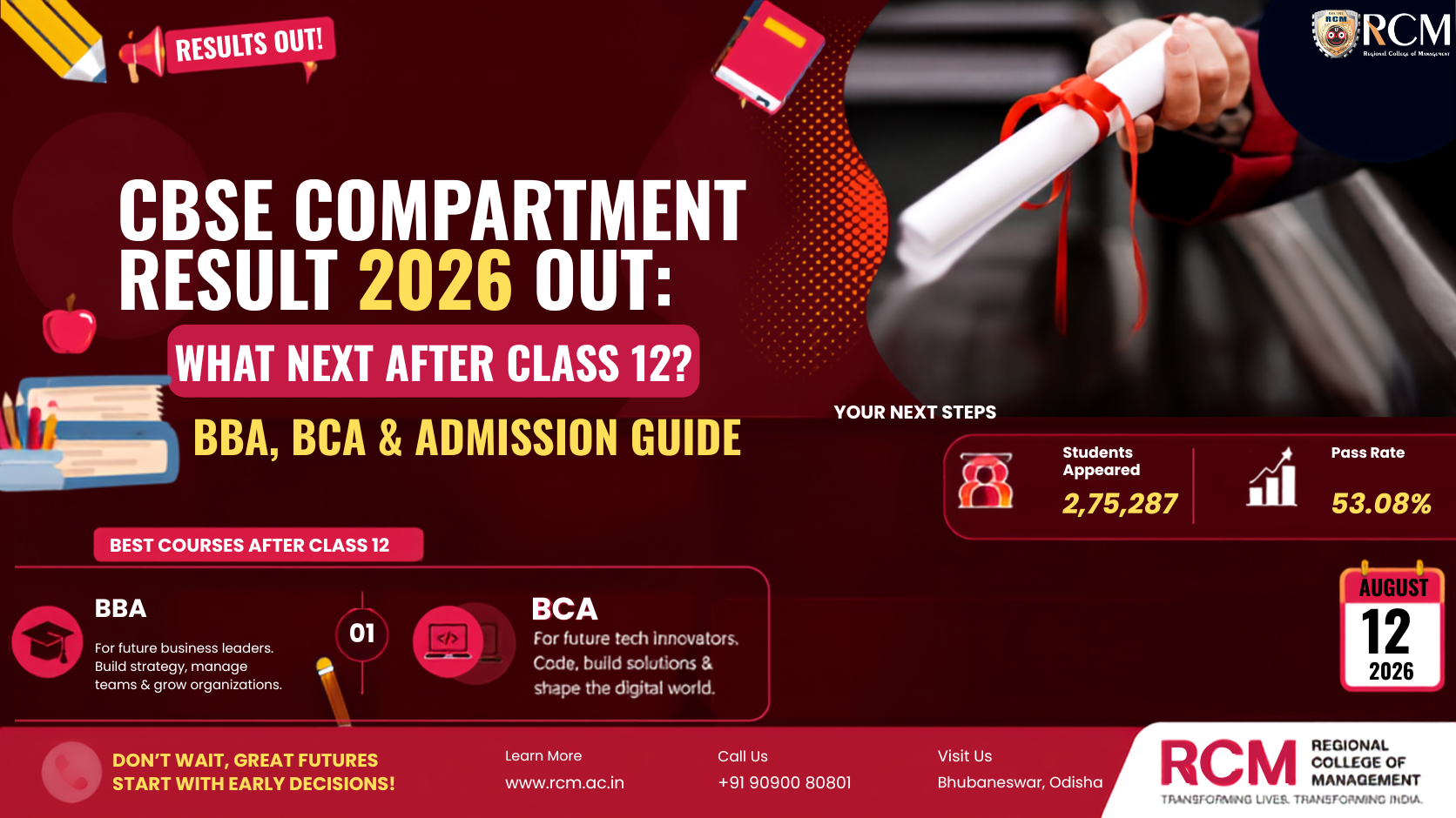 CBSE Compartment Result 2026 guide showing BBA, BCA, college admission, and career options after Class 12.