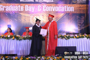 Graduation ceremony with certificate presentation, "Graduate Day & Convocation" banner visible.