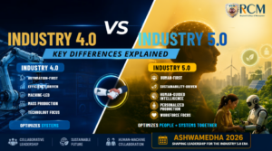Industry 4.0 vs Industry 5.0 comparison showing automation, AI, robotics, sustainability, and human-machine collaboration.