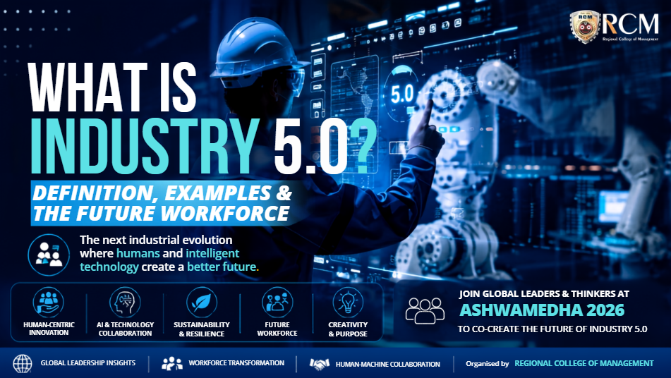 Industry 5.0 showing AI, robotics, human-machine collaboration, sustainable manufacturing, and the future workforce.