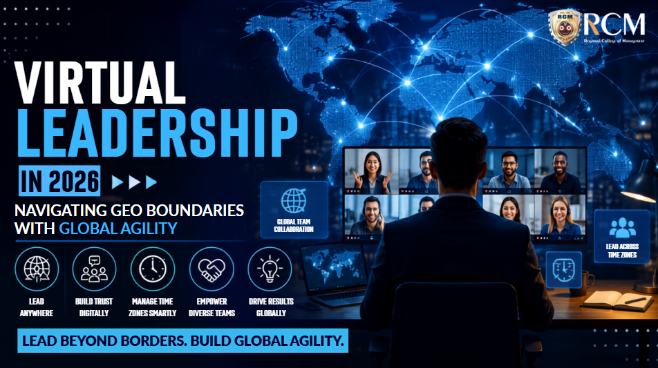 Virtual leadership in 2026 showing global teams, remote collaboration, digital communication, and cross-border leadership.
