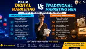MBA in Digital Marketing versus Traditional Marketing MBA comparing careers, salaries, AI skills, placements, and future opportunities.