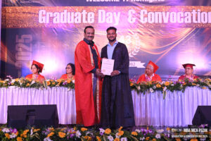Stage ceremony with academic robes and certificate; background shows "Graduate Day & Convocation".